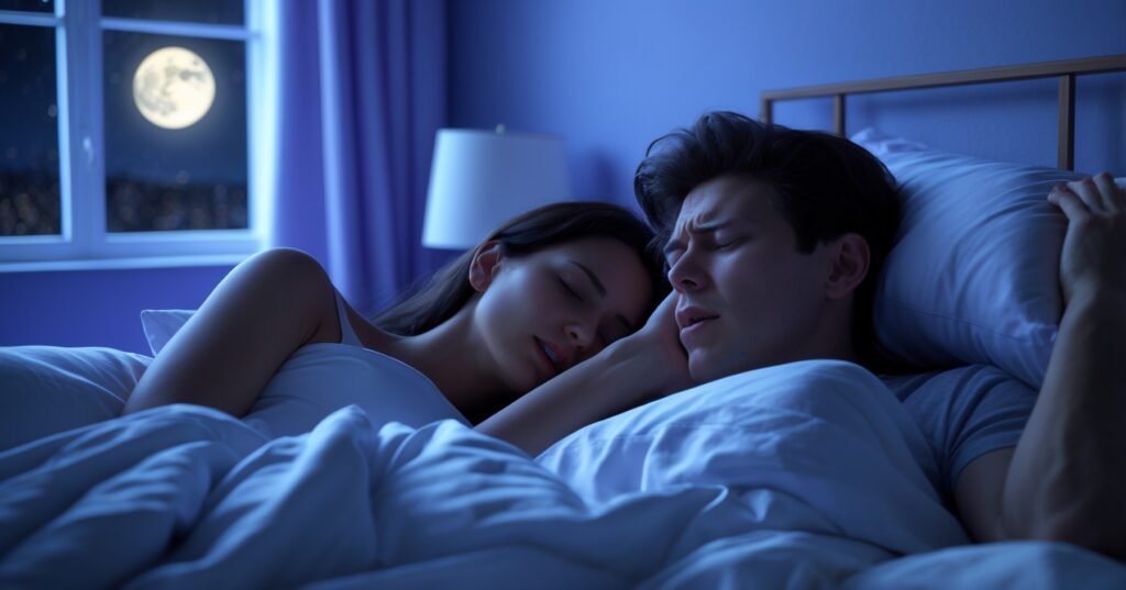casal na cama, um dormindo e roncando, outro acordado incomodado