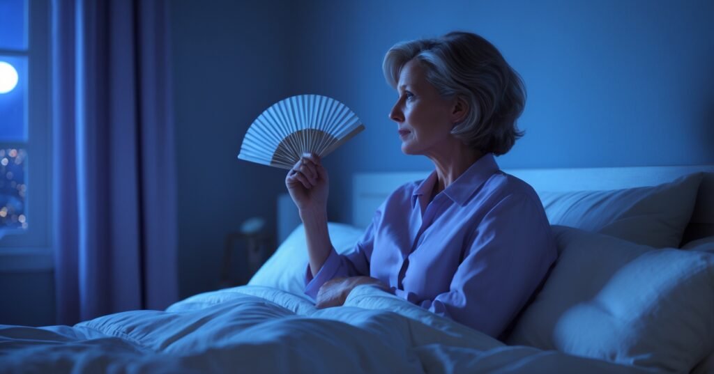 mulher acordada à noite sentindo uma onda de calor