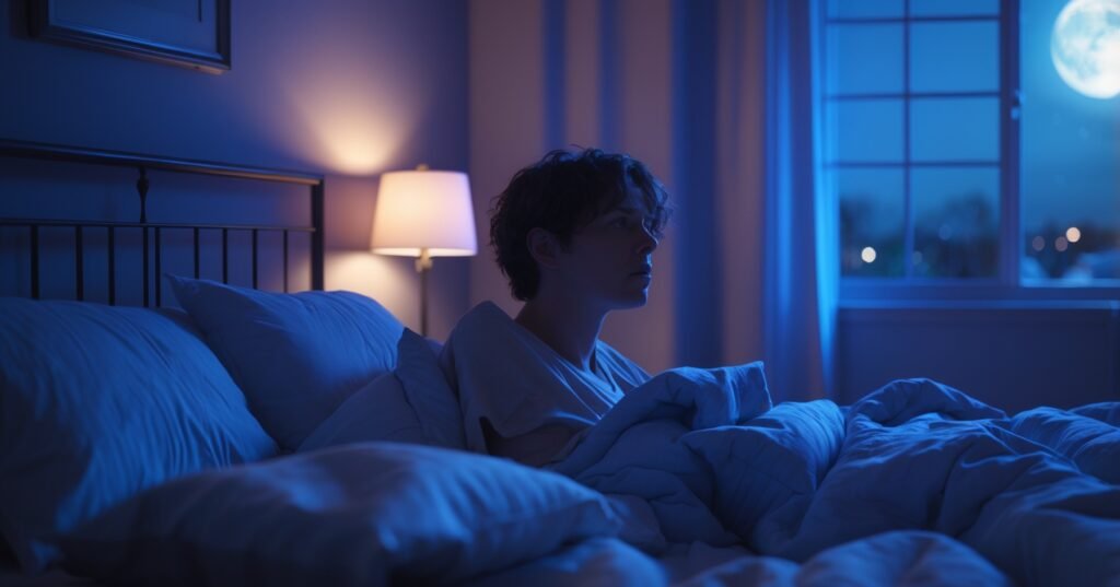 pessoa acordada à noite com a mente agitada, sem conseguir dormir