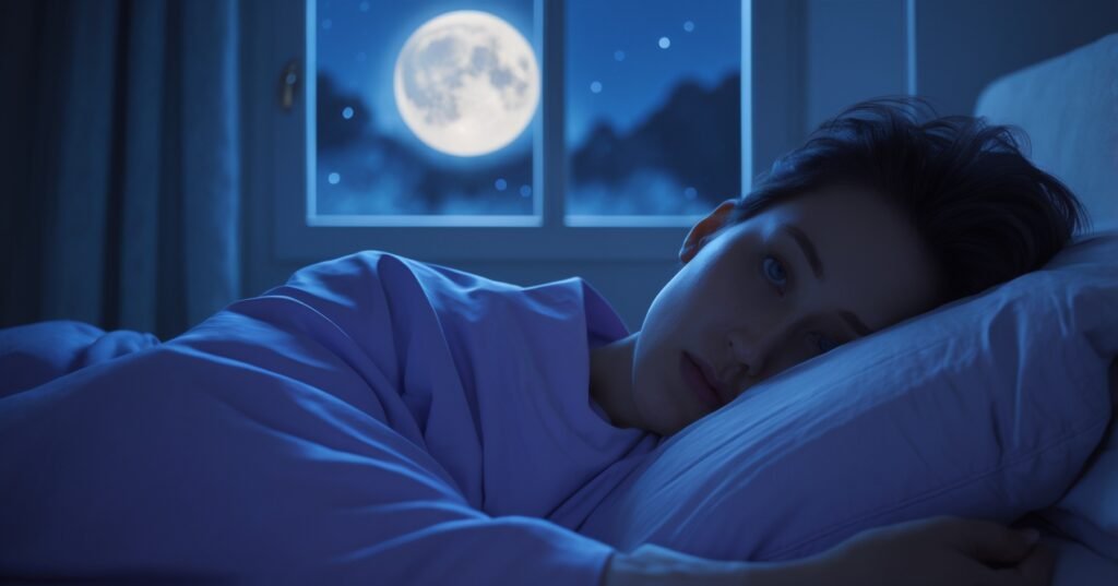 pessoa acordada de madrugada com a mente acelerada, sem conseguir dormir