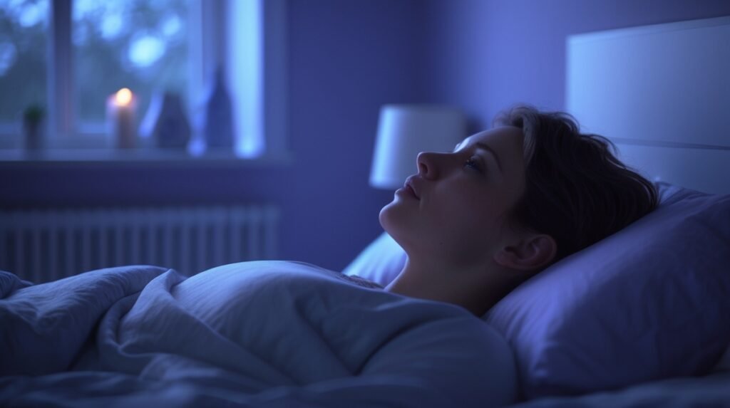 pessoa exausta mas sem conseguir dormir, olhando para o teto
