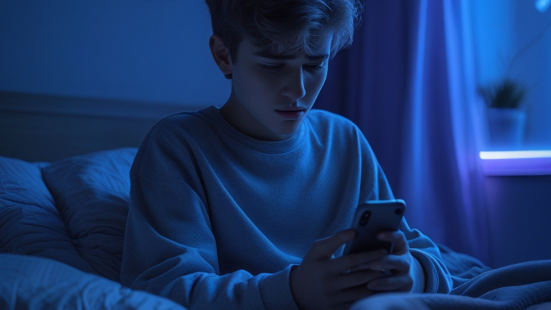 adolescente cansado ainda no celular de madrugada