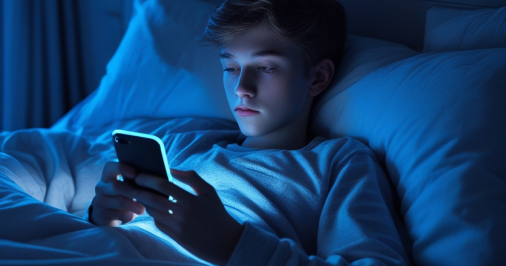 adolescente usando o celular na cama tarde da noite