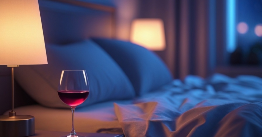 Taça de vinho sobre criado-mudo ao lado de uma cama à noite, representando a relação entre álcool e sono