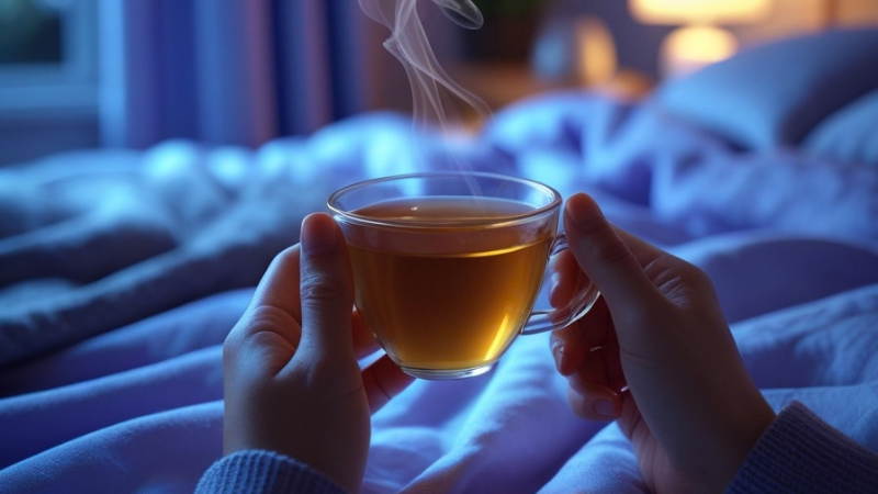 Pessoa preparando uma xícara de chá relaxante à noite como alternativa ao álcool antes de dormir