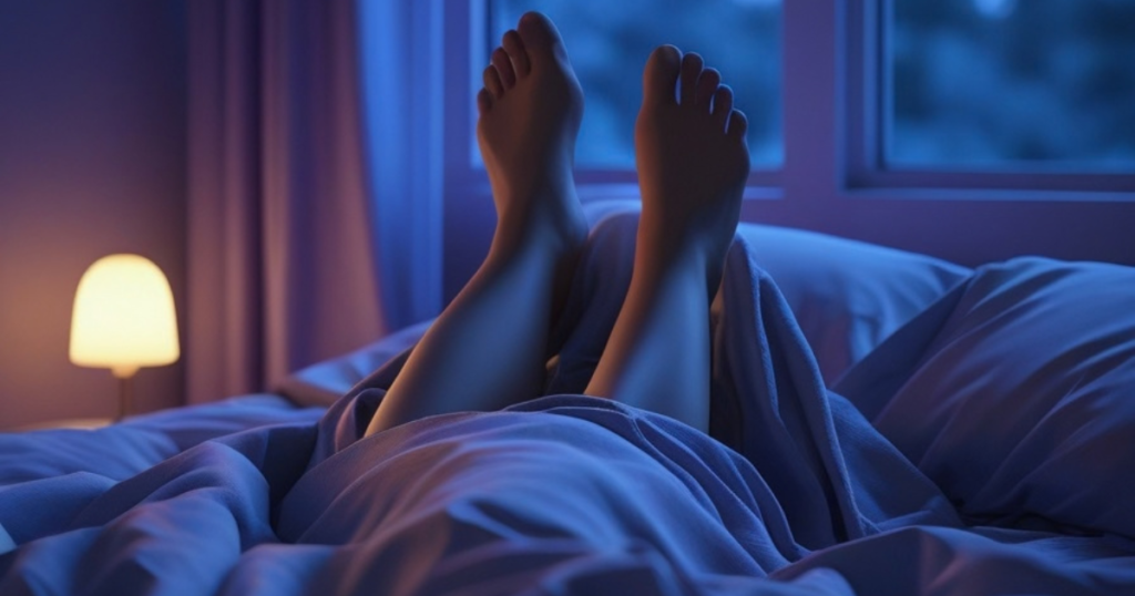 Pessoa deitada na cama à noite mexendo as pernas por desconforto, representando a síndrome das pernas inquietas